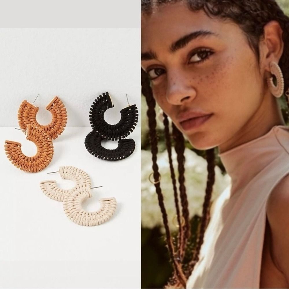 Free People See If I Care Woven Suede Hoop Earrings Boho Western Black NWT